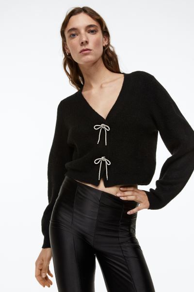 Rhinestone-bow Rib-knit Cardigan | H&M (US + CA)