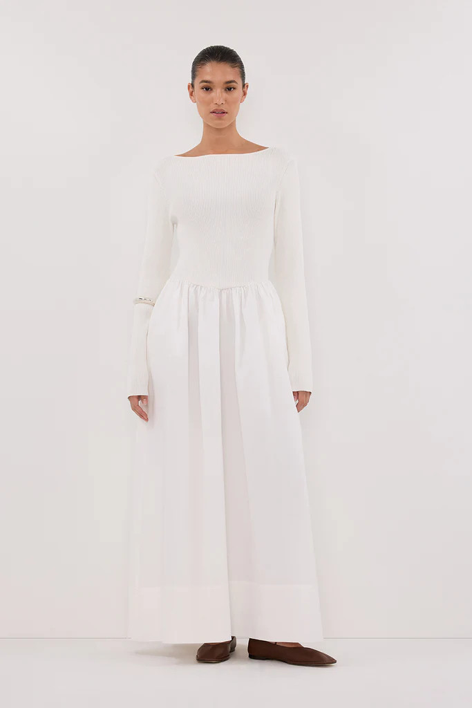 ABIGAIL WHITE HYBRID LONG SLEEVE MIDI DRESS | DISSH