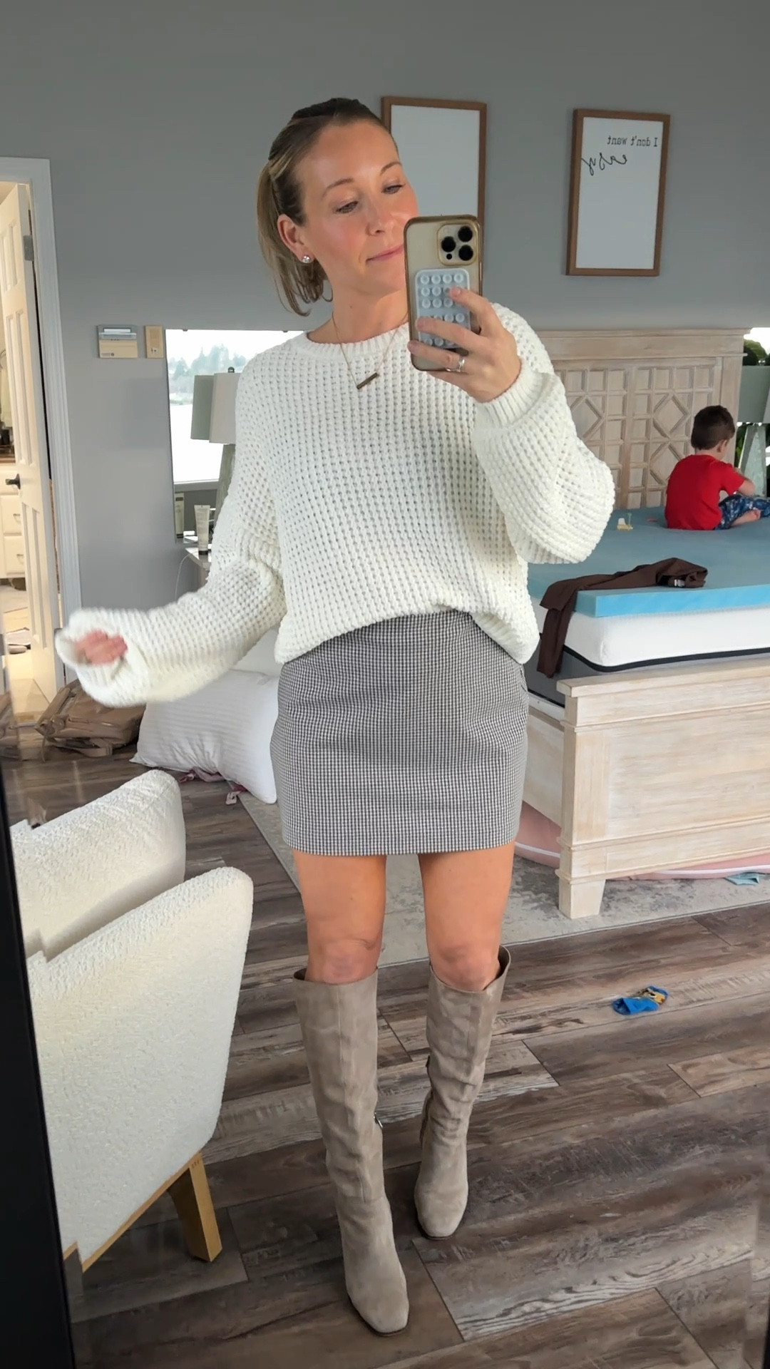 Date night 🍷 found this skort at Abercrombie and love it! The length is perfect! TTS. I have the Black Gingham color. The sweater is sold out in this color but available in Gray and on sale! I LOVE it! Boots are about six years old so I found a couple updated styles 👢 


 #LTKxAF #abercrombie #datenight #skirtandsweater

#LTKFindsUnder100 #LTKSaleAlert