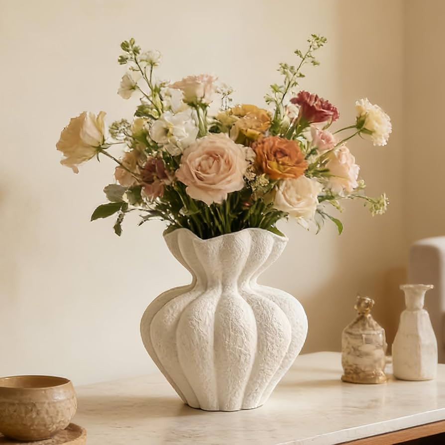 White Ceramic Vase, 8.2 Inch Modern Boho White Flower Vase for Home Decor, Unique Vase for Farmho... | Amazon (US)