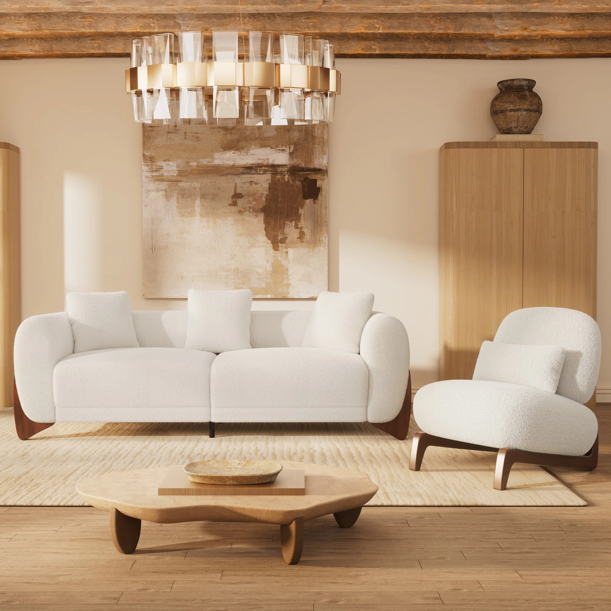 Keiven Modern Boucle Couch and Sherpa Lounge Accent Chair With Wood Base | Wayfair North America