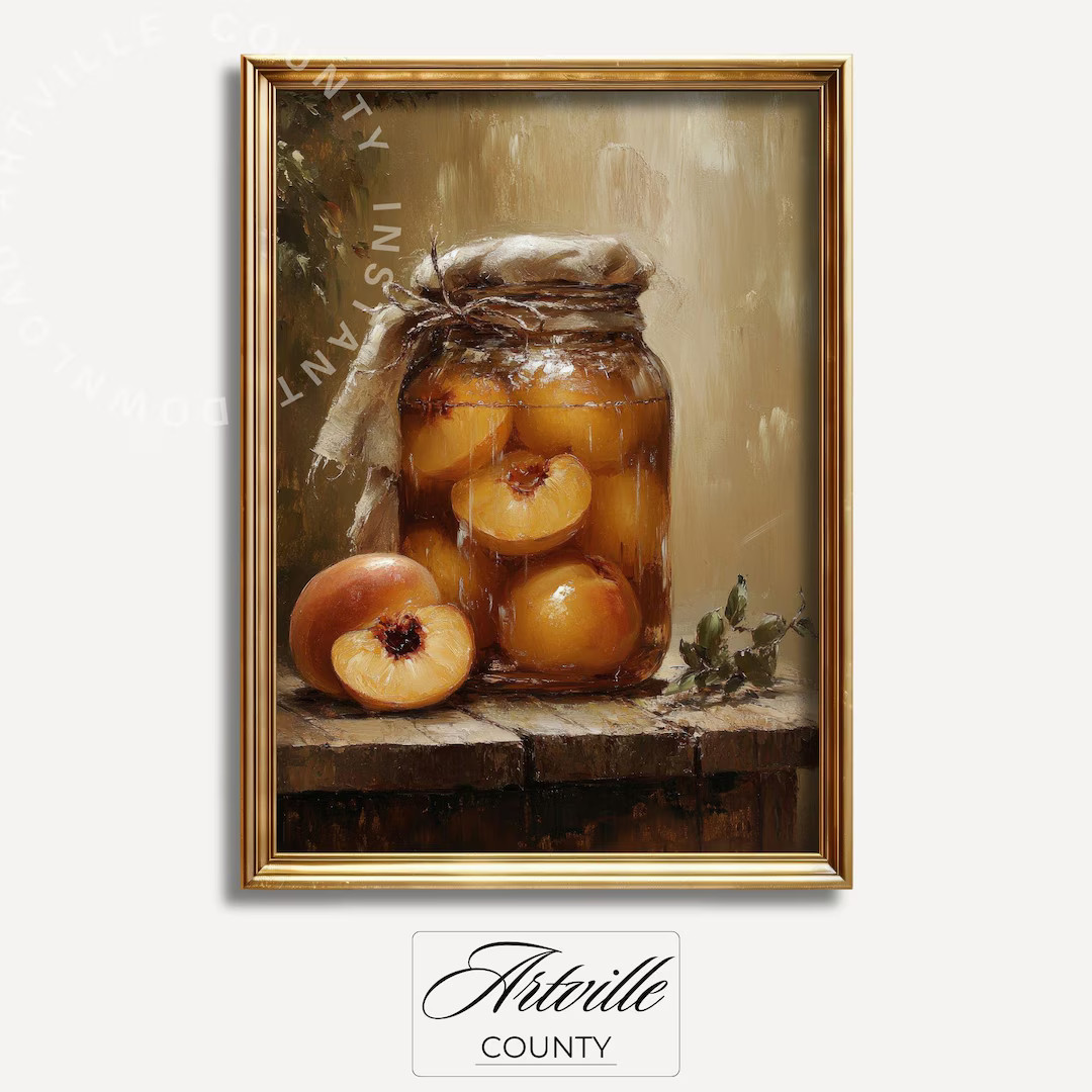 Vintage Peaches In Jar Print, Cottage Kitchen Wall Art, Printable Peach Art, Still Life Painting,... | Etsy (US)