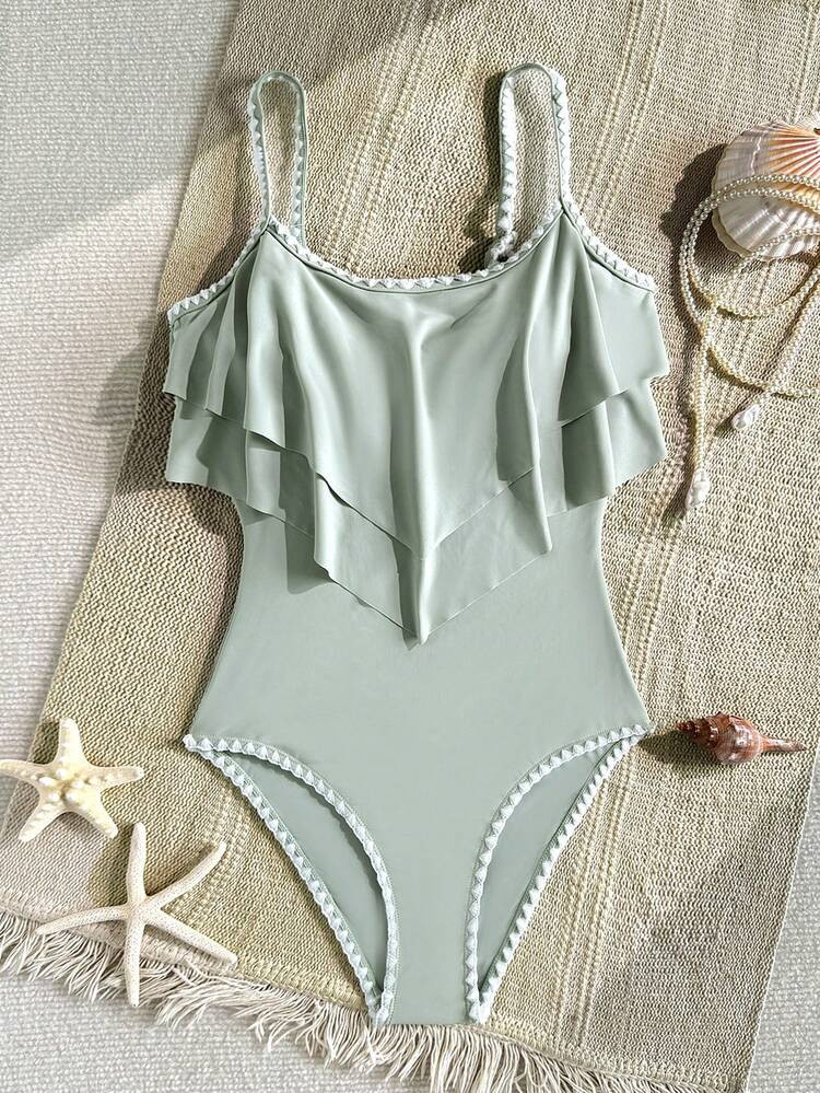 SHEIN Teen GirlRuffled Contrast Color Shell Trim One-Piece Swimsuit, Versatile & Snug Fit Design ... | SHEIN