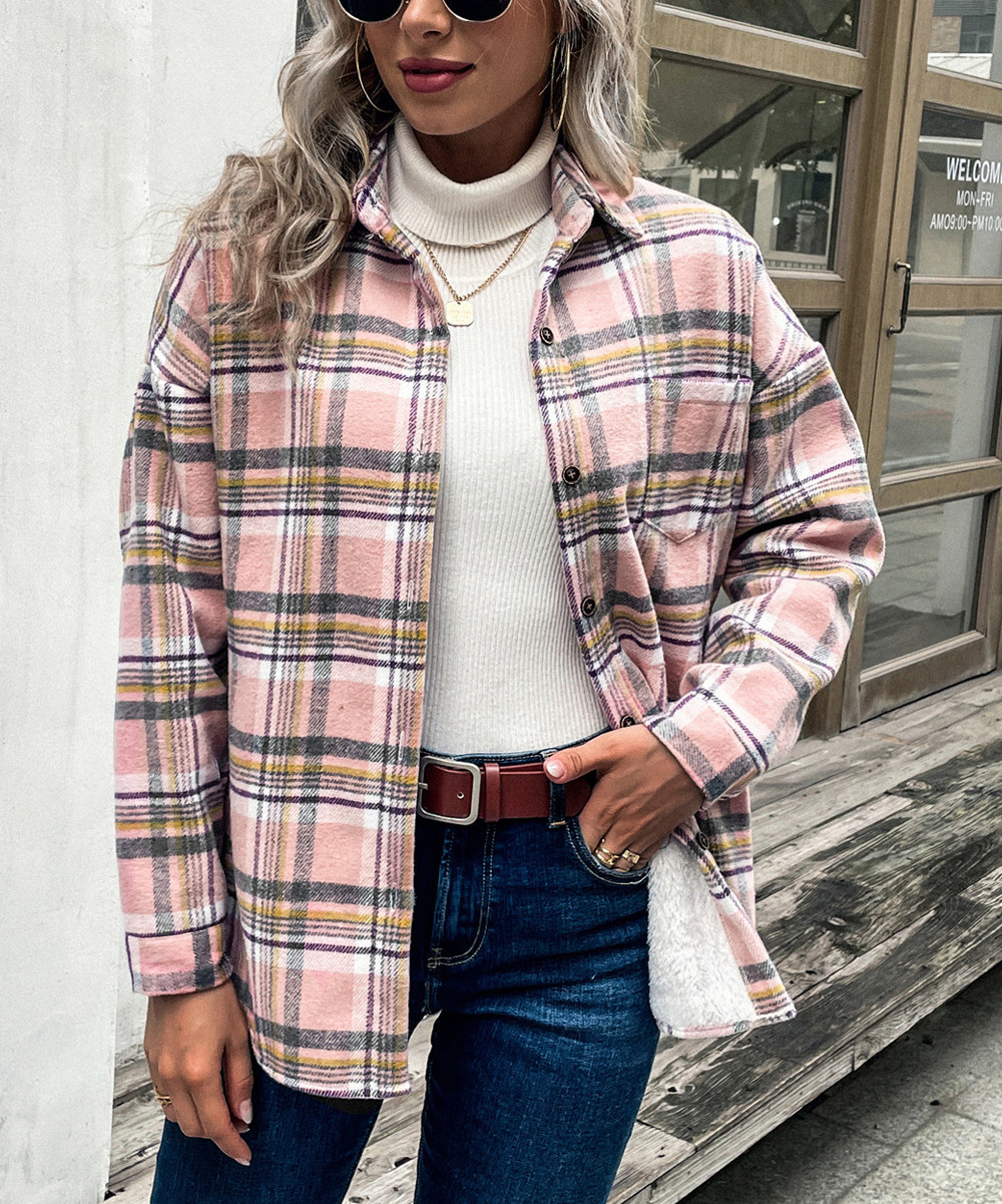Camisa Women's Non-Denim Casual Jackets Pink - Pink & Gray Plaid Single-Pocket Shacket - Women | Zulily