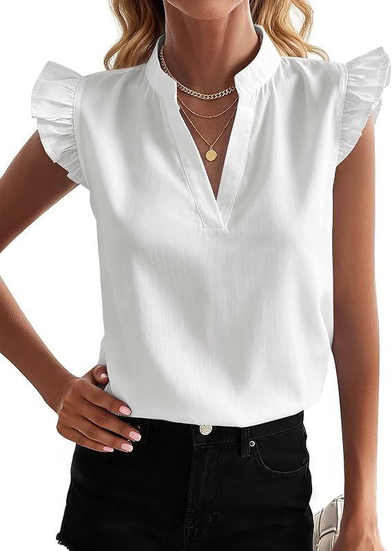 Womens Striped Ruffle Cap Sleeve V Neck Business Casual Work Blouse | Classic Striped Pattern,Sty... | Amazon (US)