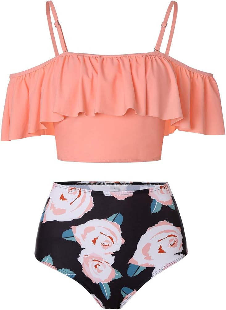 Kaei&Shi High Waisted Flounce Bikini Set,Tummy Control Swimsuits for Women,Off Shoulder | Amazon (US)