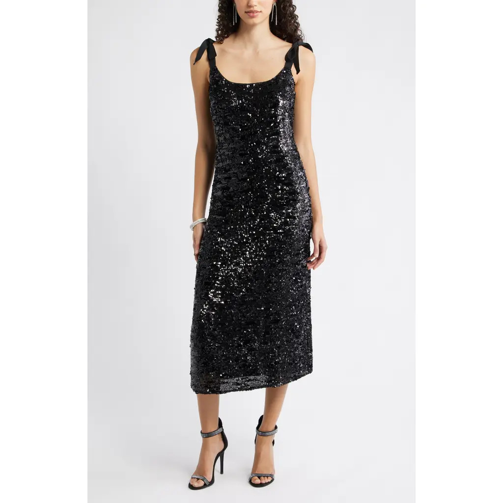 Chelsea28 Sequin Tie Shoulder Midi Dress in Black Gunmetal Sequins at Nordstrom Rack, Size Medium | Nordstrom Rack