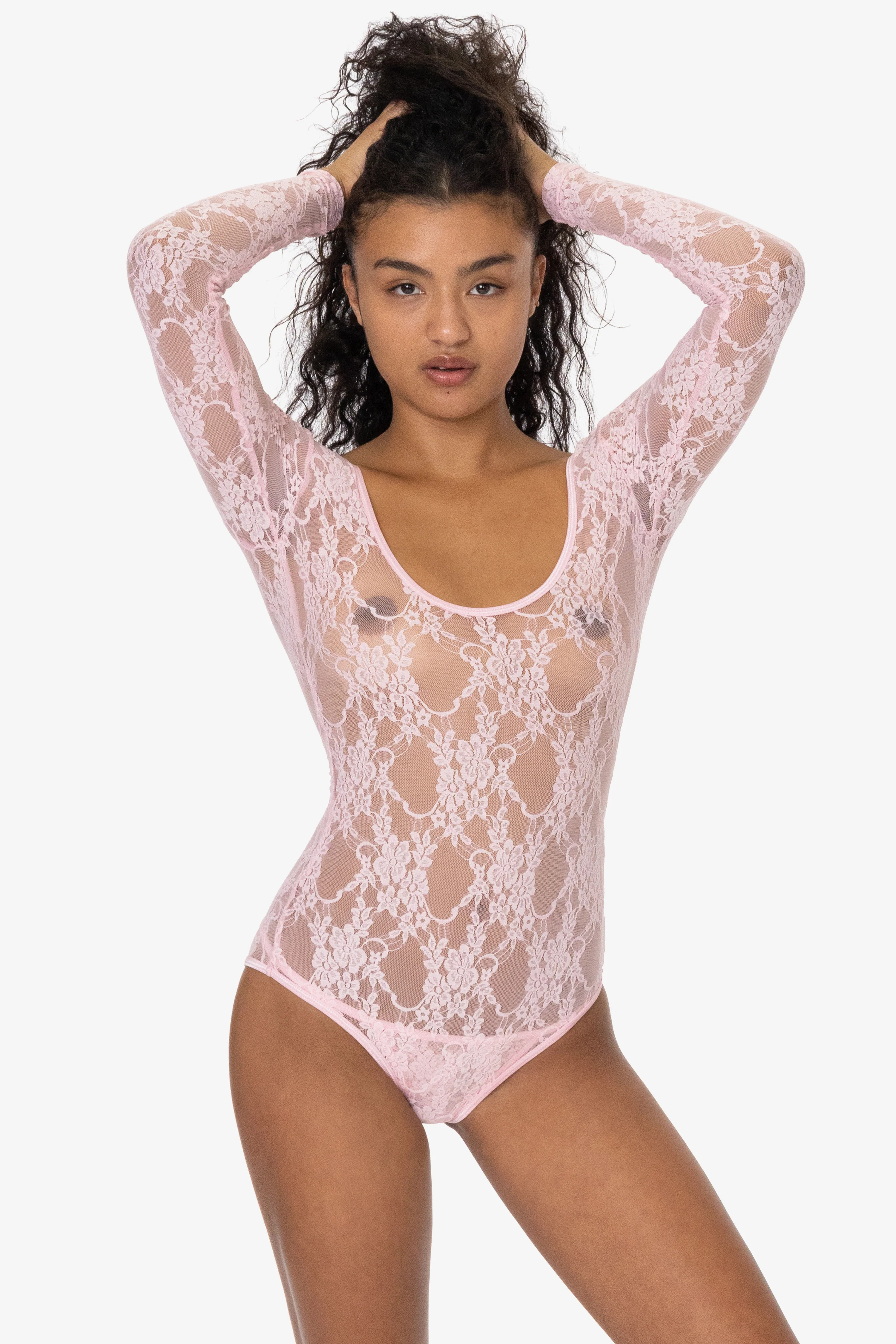 FNS328 - Floral Lace Long Sleeve Scoopneck Bodysuit - Light Pink / M | Los Angeles Apparel