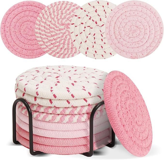 Valentines Coasters Set of 8 with Holder,Pink Coasters for Valentines Table Decor,Drink Coaster P... | Amazon (US)