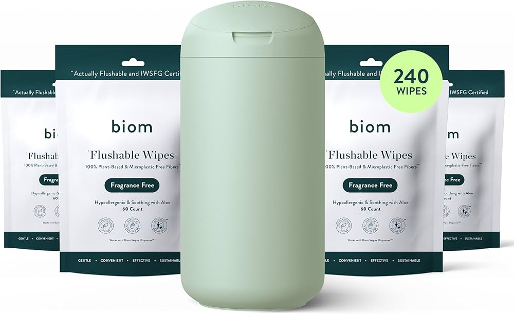 Biom Flushable Wipes Starter Kit - 4pk (240 Total) Fragrance Free Wipes + Refillable BPA-Free Dis... | Amazon (US)
