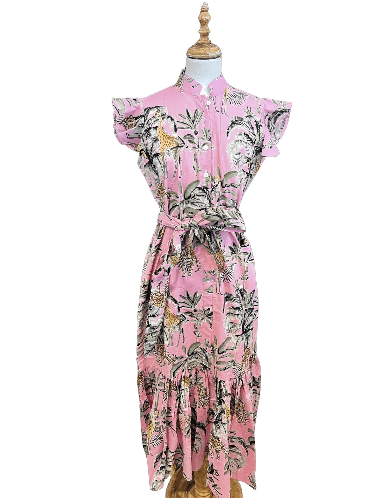 Trunk Show pink jungle print flutter sleeve maxi | Mulberry & King