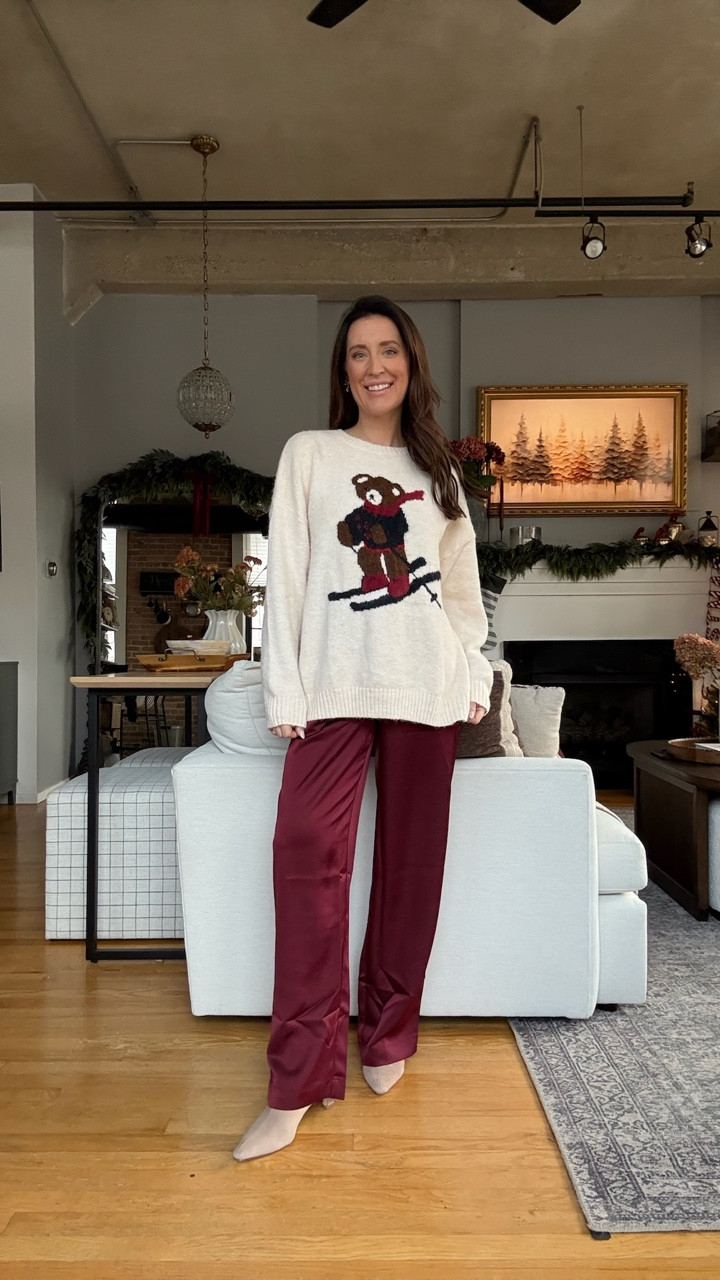 Target try on! My go to bump friendly outfit combo for holiday is a good oversized sweater and satin pants! These are both SO GOOD! I sized up to a L in the sweater for the bump. Pants also come in black 

#LTKBump #LTKHoliday #LTKFindsUnder50