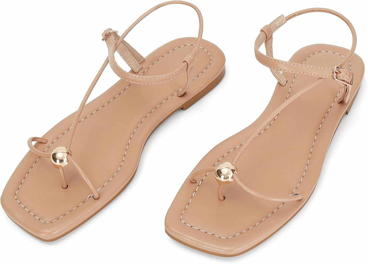 Strappy Flat Sandals for Women Comfortable Dressy Summer Beach Thong Flip Flop Slide Sandals with... | Amazon (US)