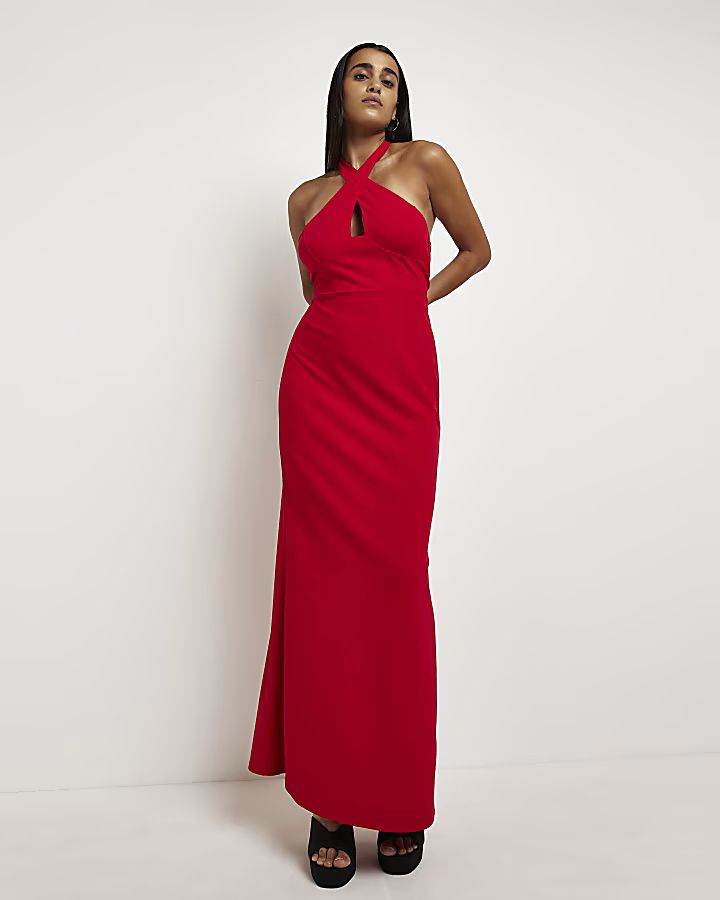 Red halter neck bodycon maxi dress | River Island (UK & IE)