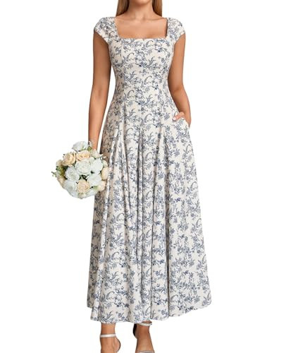 GLNEGE Women’s Square Neck Wedding Guest Maxi Dress Cap Sleeve Corset Lace Up A Line Flowy Formal Midi Dress with Pockets Bluefloral | Amazon (US)