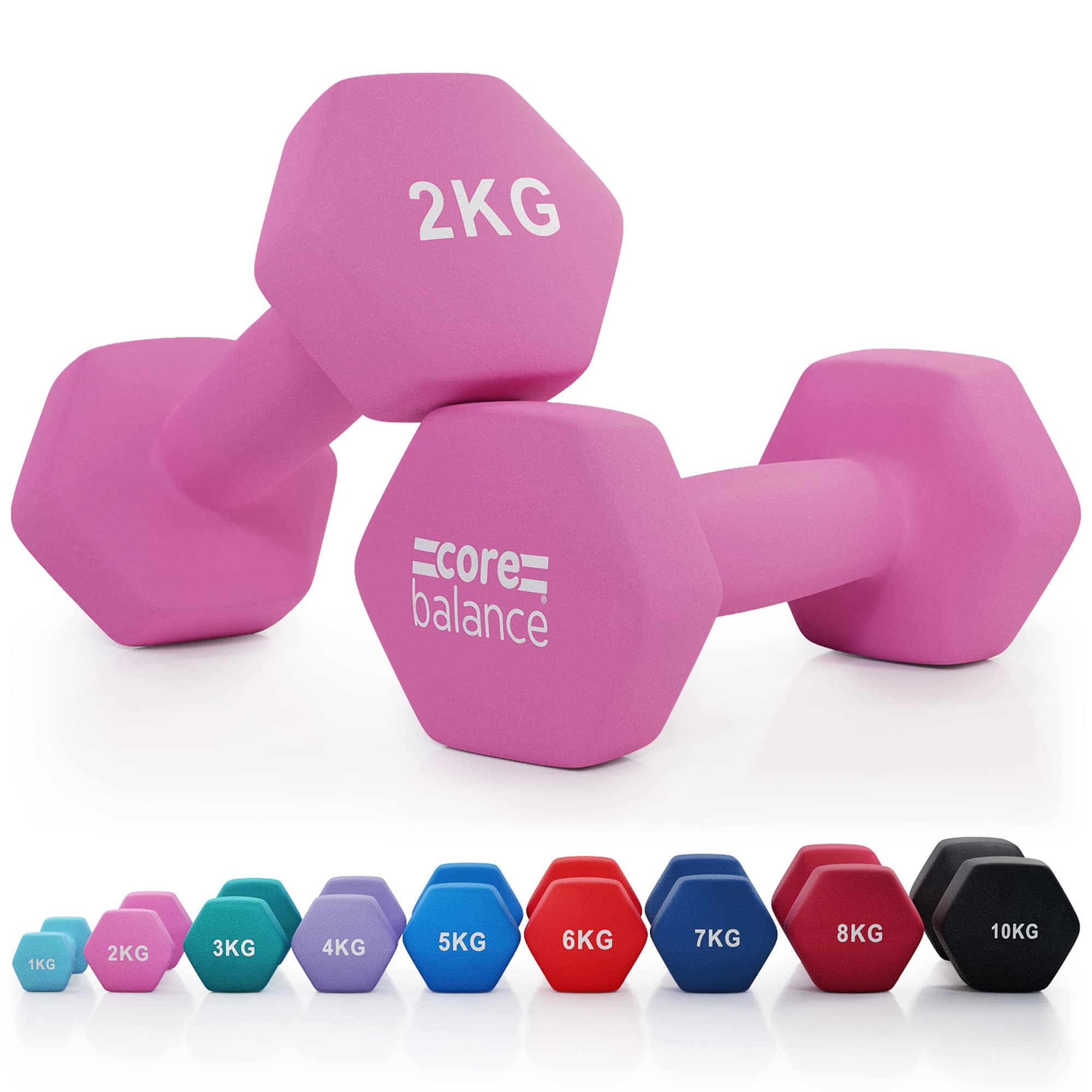 Core Balance Dumbbell Pair Hex Weight Neoprene Coated Cast Iron Strength Training (2 x 1kg, 2kg, ... | Amazon (UK)
