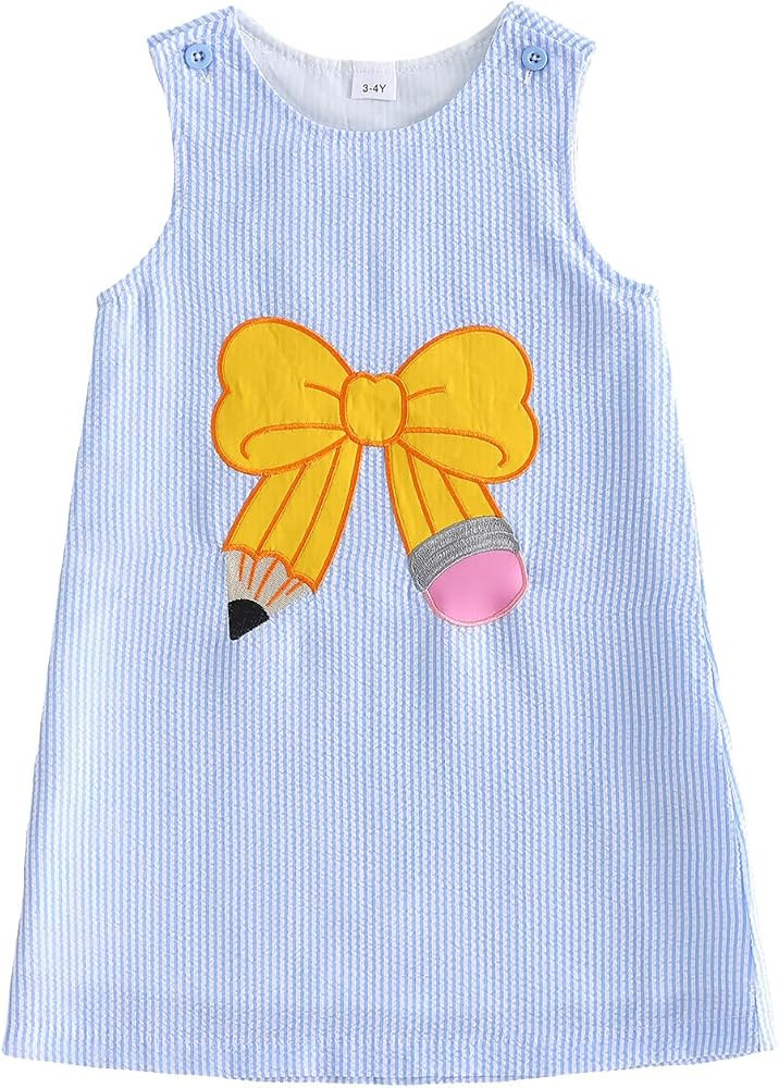 Back to School Toddler Girl Outfit Apple Pencil Kids Sleeveless Striped Tank Dress First Day of S... | Amazon (US)