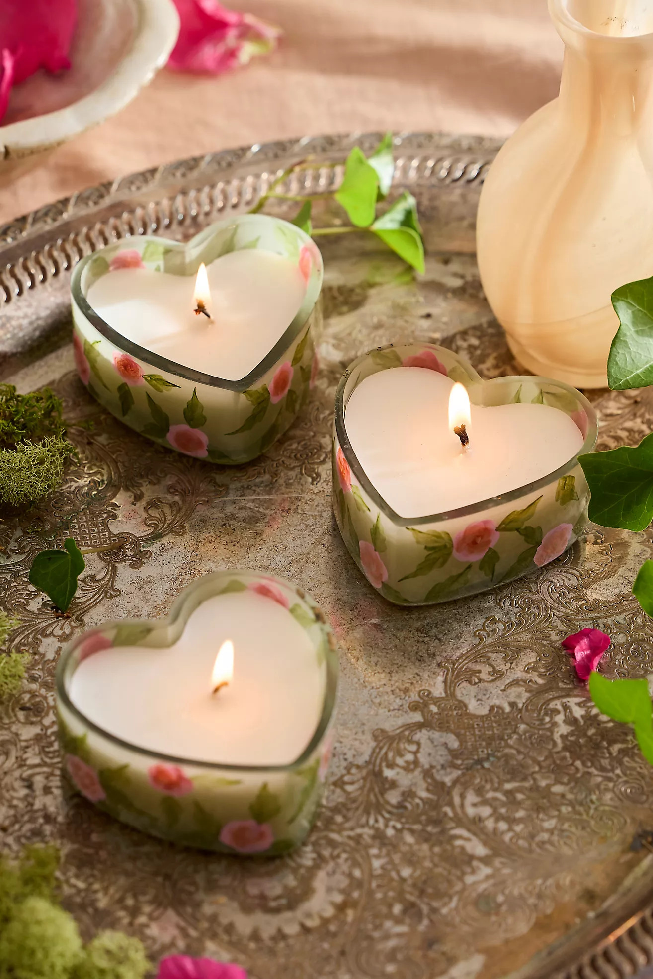 Peony Blush Heart Candles, Set of 3 Mini | Anthropologie (US)