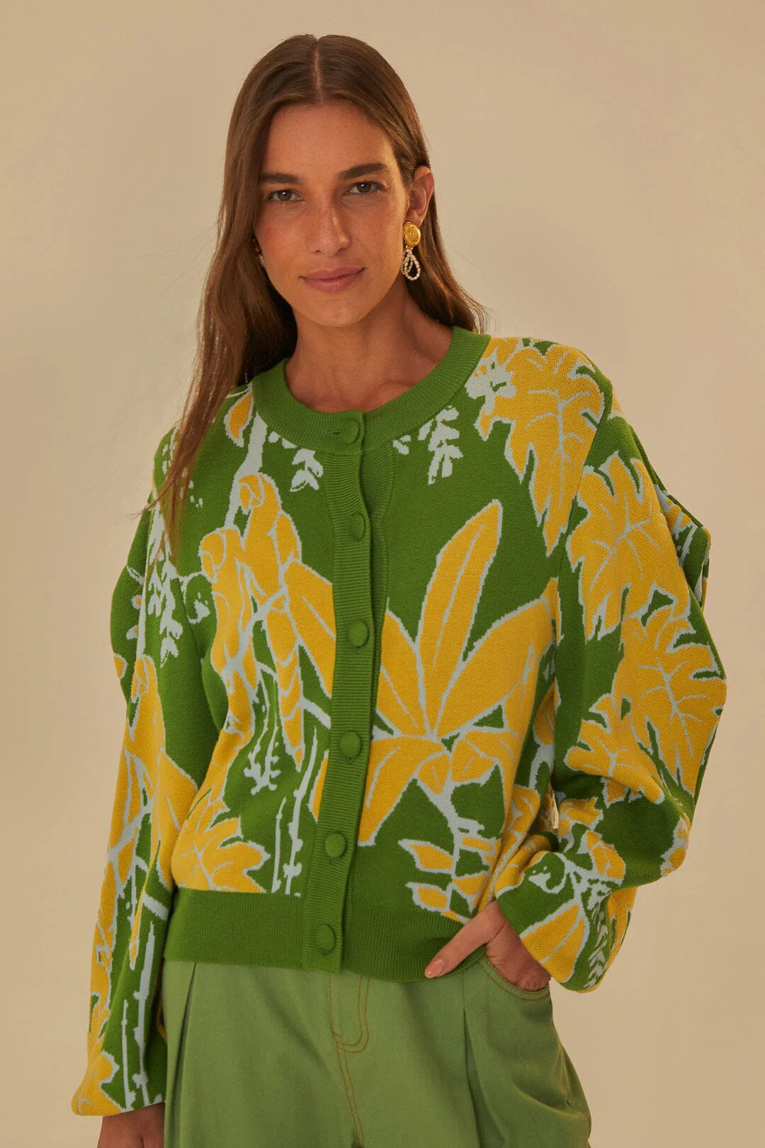 green foliage sketch knit cardigan | FarmRio (US)