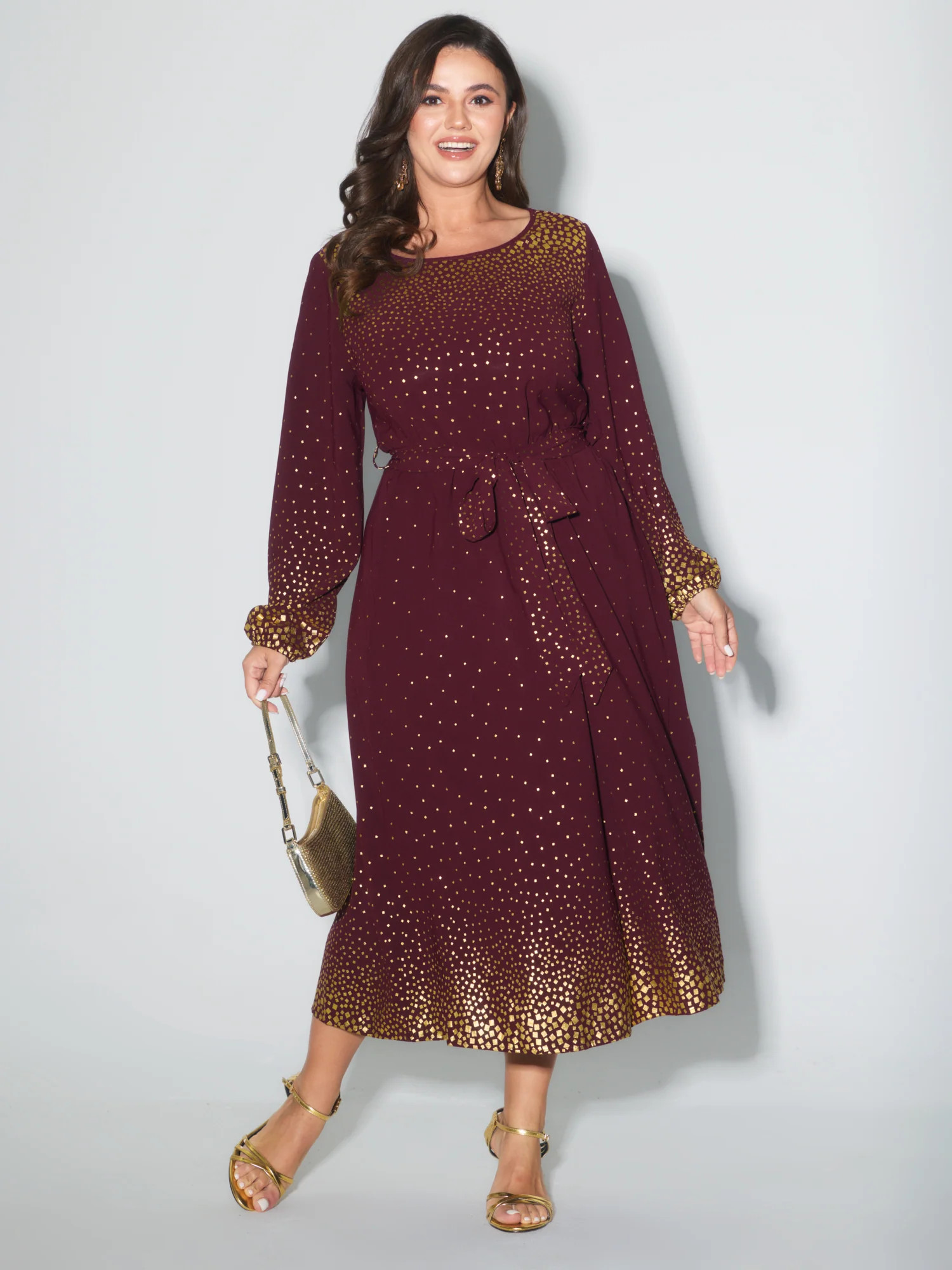 Glitter Round Neck Belted Lantern Sleeve Dress | Bloomchic