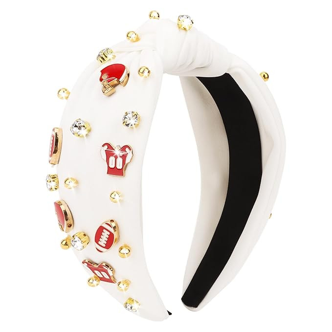 Football Headband White Top Knot Beaded Jeweled Cute Headbands Football Mom Accessories Essential... | Amazon (US)