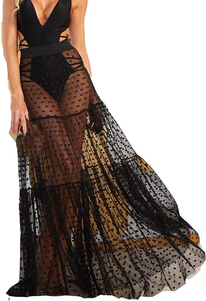 Maxi Beach Skirt Womens High Waist Pleated Tiered Long Skirt Polka Dot Print Lace Sheer Bikini Co... | Amazon (US)