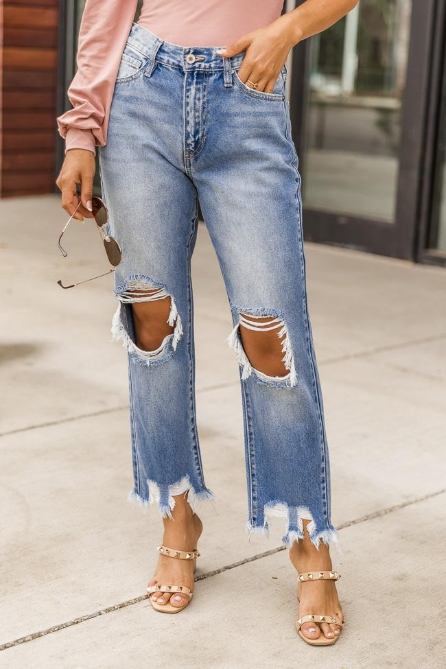 Trinity Medium Wash Distressed Mom Jeans | The Pink Lily Boutique