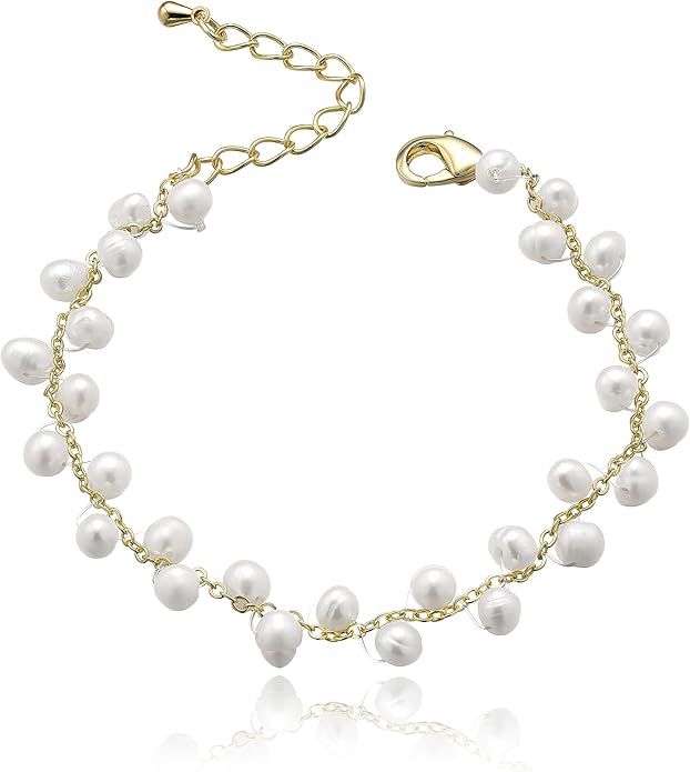 Gold Pearl Braided Bracelet 14K Gold Plated Handmade Genuine Freshwater Cultured Pearls White Bea... | Amazon (US)