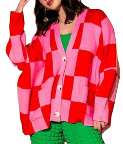 KMBANGI Women Oversized Cardigan Graphic Chunky Knit Sweater Coat Button Open Front Loose Outerwear Y2k Aesthetic Cardigans(Checkerboard Red,One Size) | Amazon (US)
