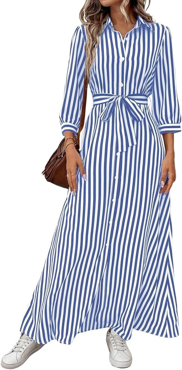 chouyatou Women's Casual 3/4 Sleeve Striped Shirt Dress Button Down Swing Flowy Maxi Beach Dress with Belt | Amazon (US)