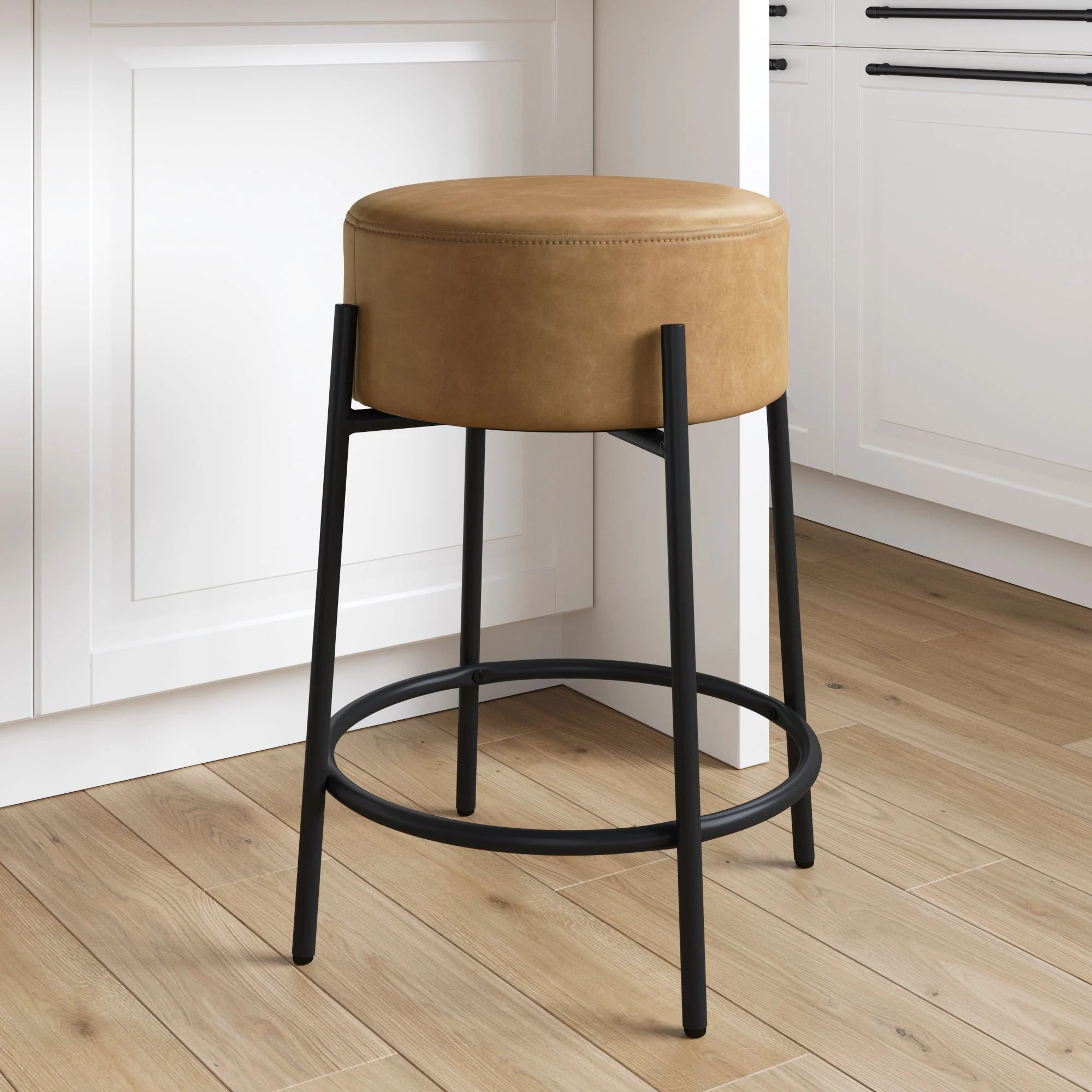 Round Faux Leather Backless Counter Height Bar Stool Brown | Nathan James