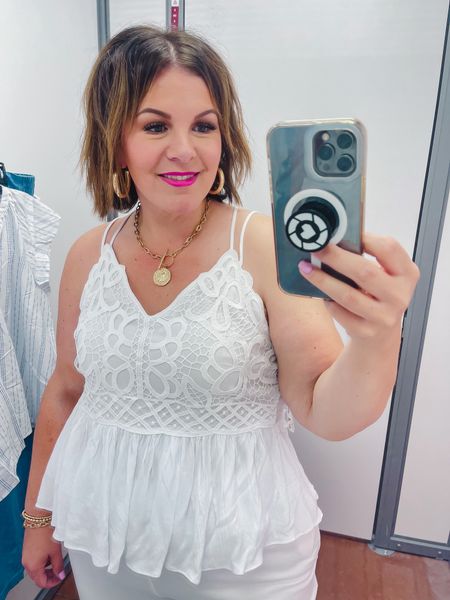 Tried on this sassy little top at Walmart! This would be so cute to wear with a country concert outfit or music festival outfit, or with a date night outfit. Wearing size XL. Also comes in pink and blue! 

#LTKfindsunder50 #LTKplussize #LTKover40