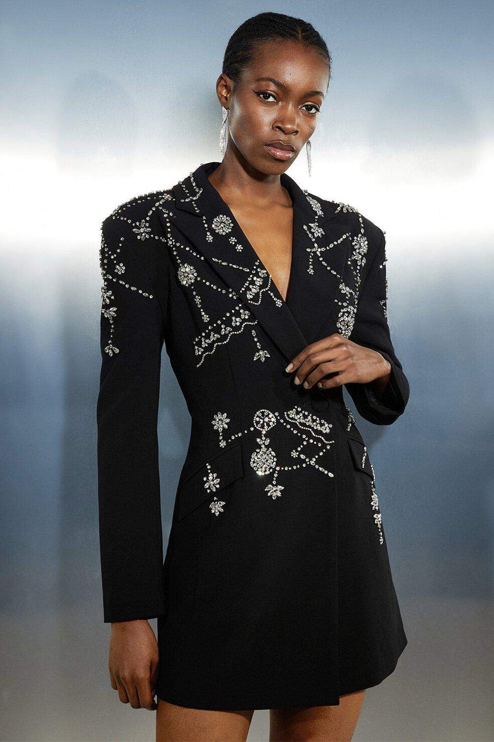 Crystal Embellished Cady Blazer Woven Mini Dress | Karen Millen US