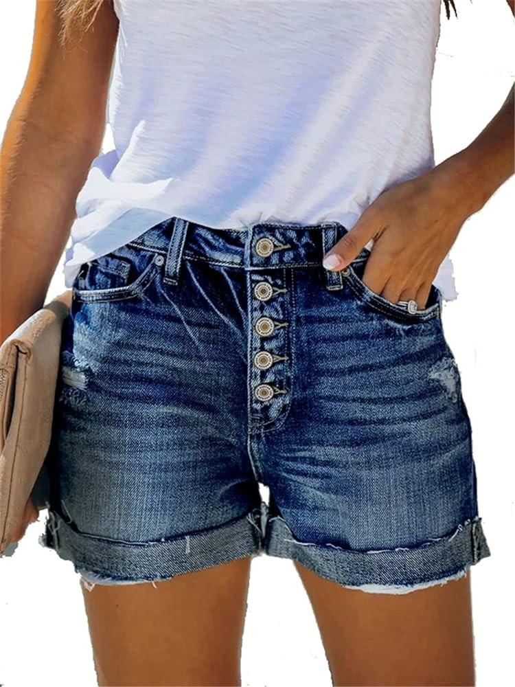 Angerella Denim Shorts for Women Mid Rise Ripped Jean Shorts Stretchy Folded Hem Hot Short Jeans | Amazon (US)