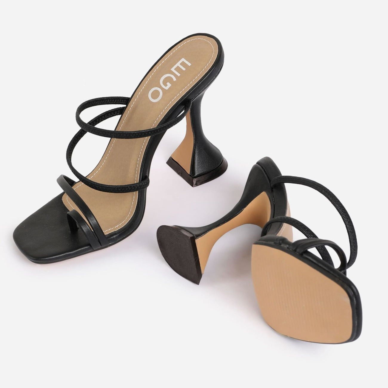 Vanity Square Toe Strappy Pyramid Heel Mule In Black Faux Leather | EGO Shoes (US & Canada)