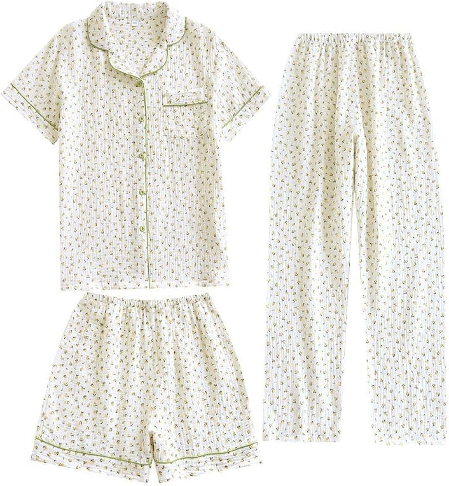Womens 3pcs Cotton Pajamas Set Short Sleeve Sleepwear Fruit Print Cute Pj Set with Long Pants | Amazon (US)