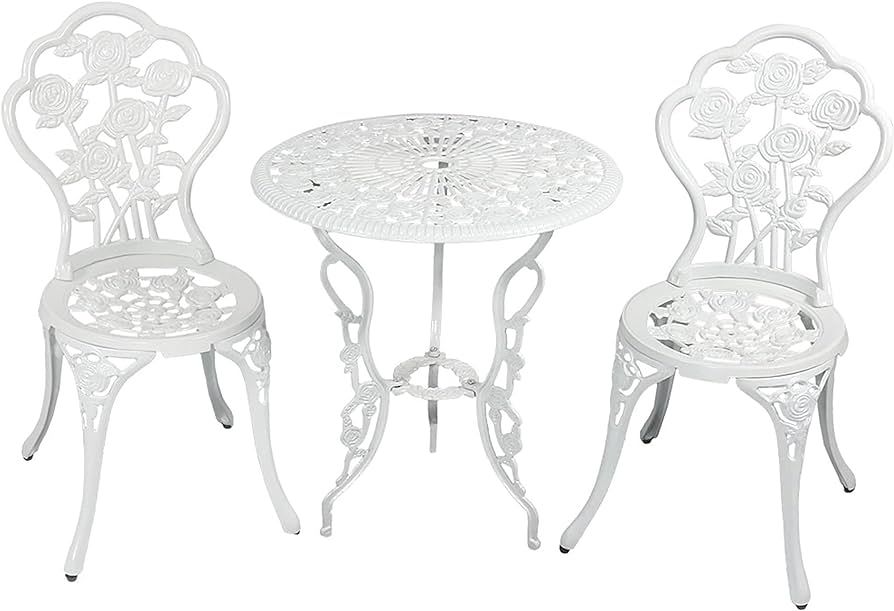 Sunnydaze 3-Piece Flower Designed Bistro Table Set with 2 Chairs, Outdoor Cast Aluminum, White | Amazon (US)