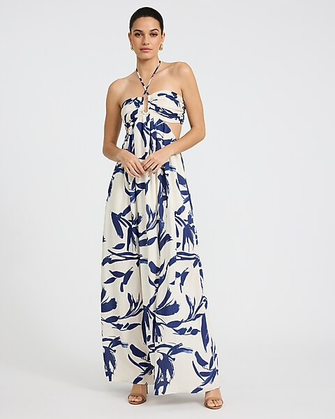 Printed Tie Halter Neck Cutout Smocked Back Maxi Dress | Express