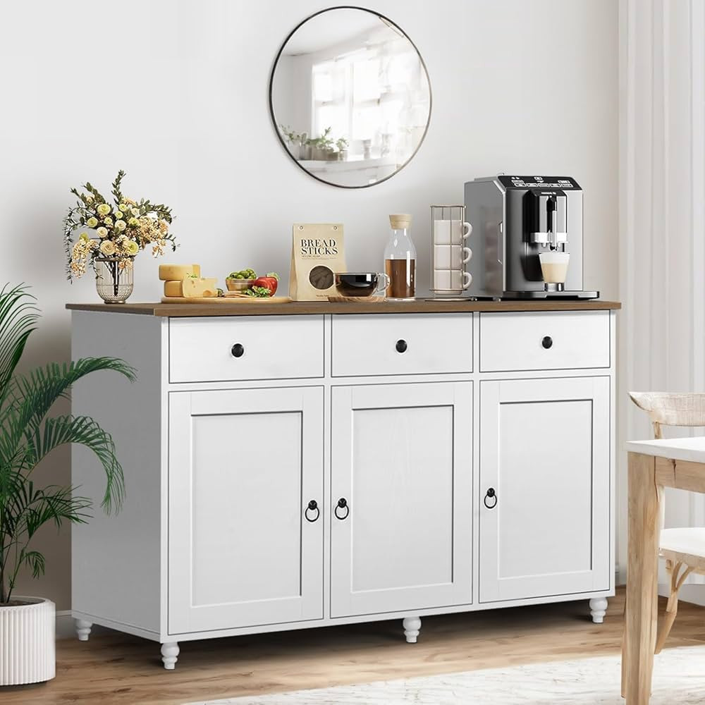 4 EVER WINNER Sideboard Buffet Cabinet with Storage, 47" Kitchen Buffet Storage Cabinet with 3 Drawers and 3 Doors, Buffet Table for Kitchen, Modern Dining Room Cabinet, White | Amazon (US)