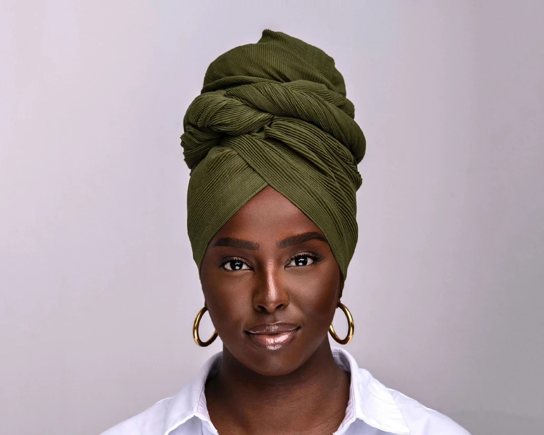 Pleated Cotton Ribbed Headwrap Turban Head Wrap in Khaki Green - Etsy | Etsy (US)