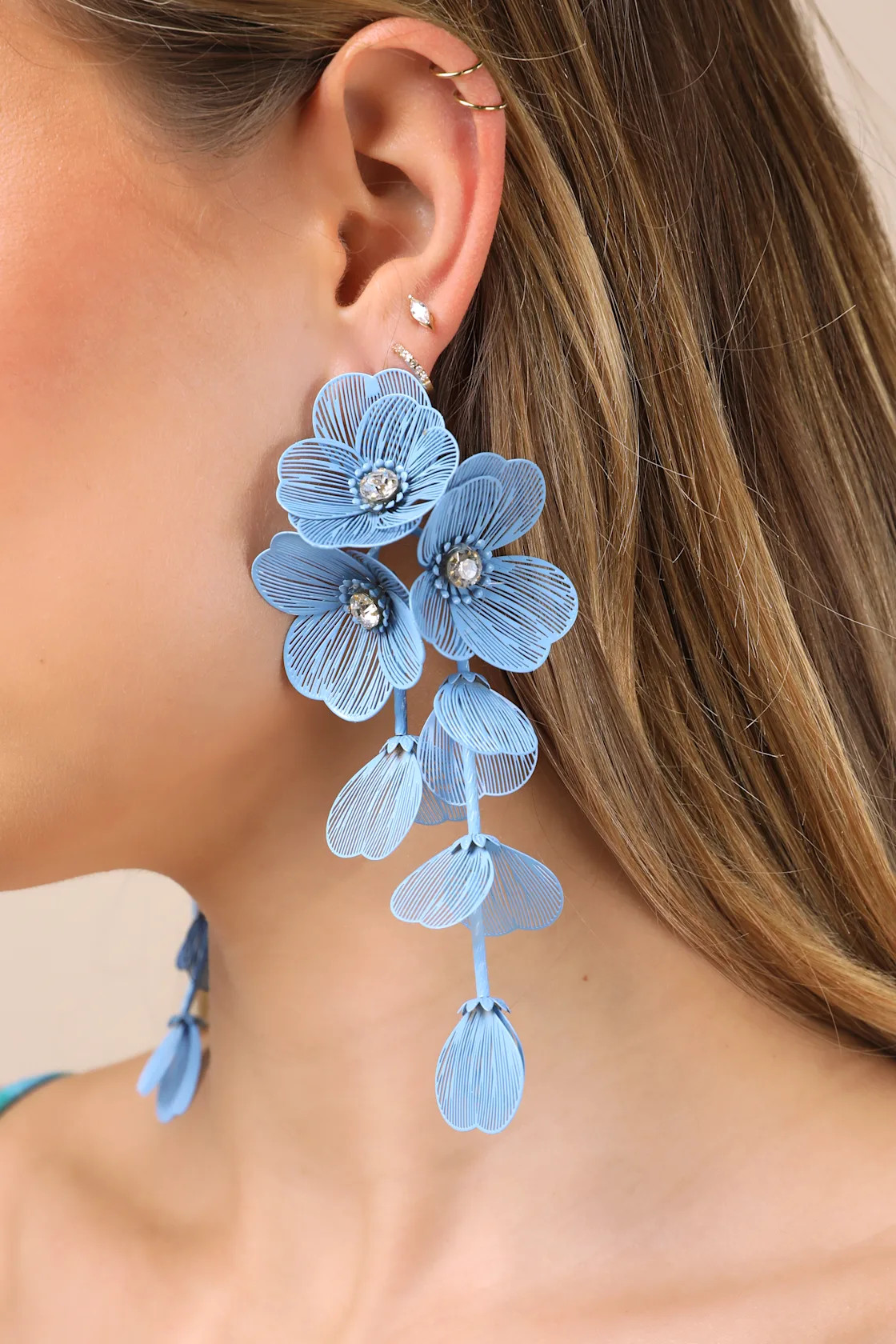 Cerealia Blue Flower Rhinestone Drop Earrings | Lulus