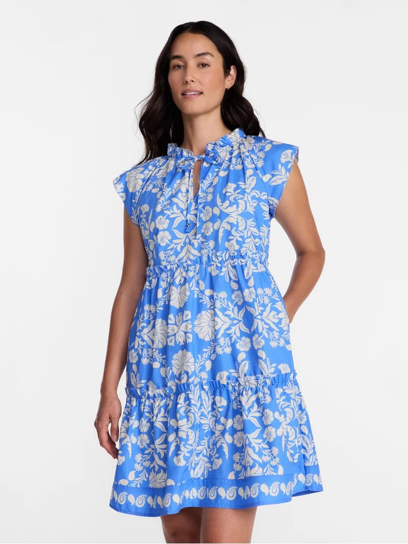 Time and Tru Women's and Women's Plus Tiered Cotton Mini Dress with Flutter Sleeves, Sizes XS-4X | Walmart (US)