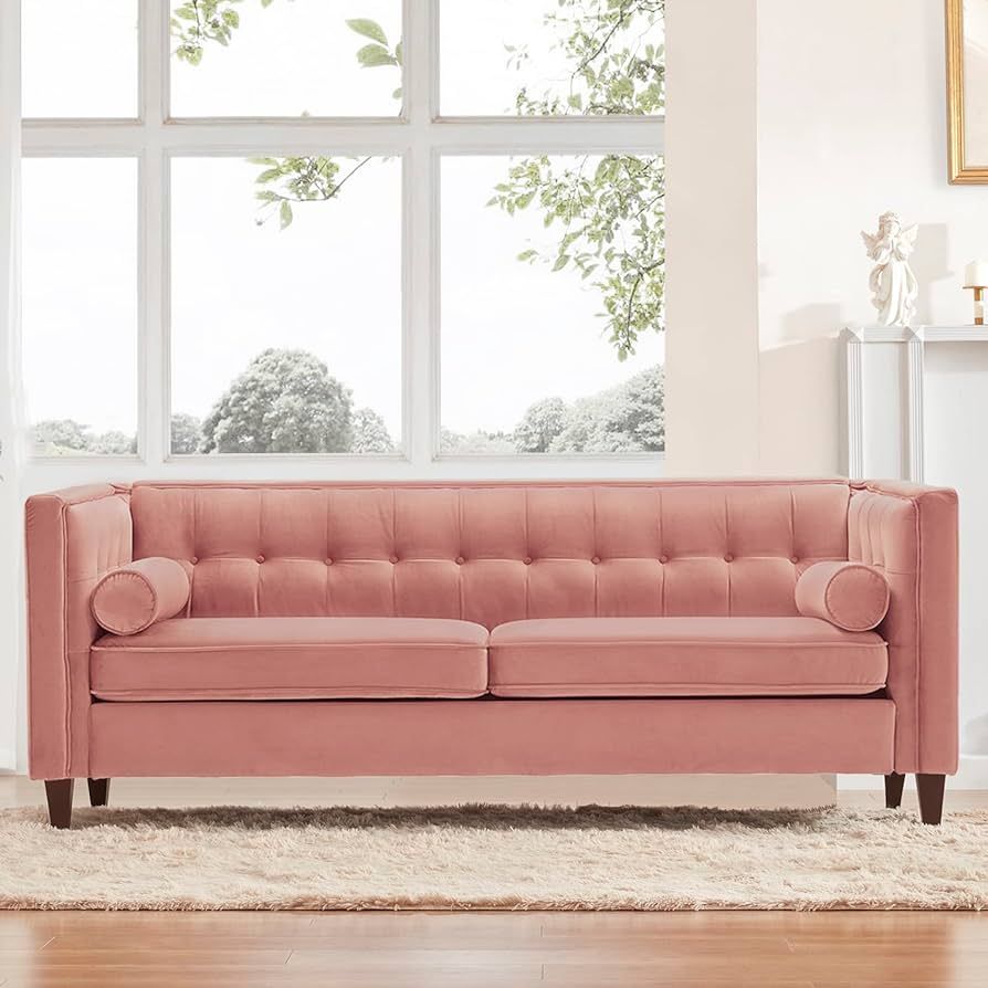 Dreamsir 78'' W Velvet Sofa, Mid-Century Love Seats Sofa Furniture with Bolster Pillows, Button T... | Amazon (US)