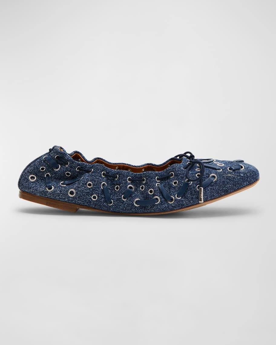 Chloe Oracia Grommet Denim Ballerina Flats | Neiman Marcus