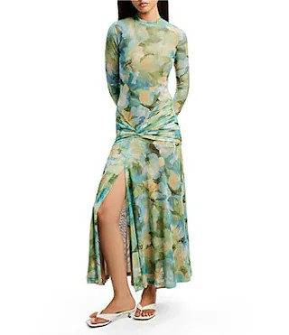 Bardot Lea Floral Print Mesh Crew Mock Neck Long Sleeve Ruched Waist Midi Dress - XL | Dillard's