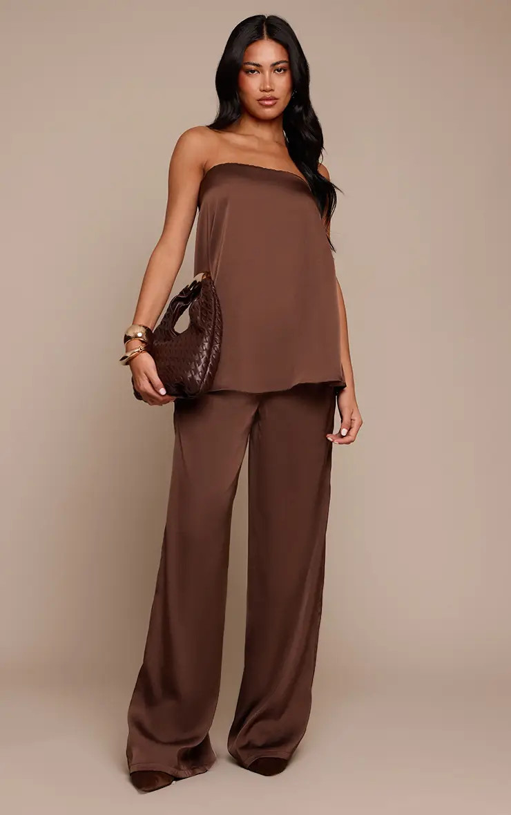 Chocolate Satin Wide Leg Trousers Co-ord | PrettyLittleThing UK