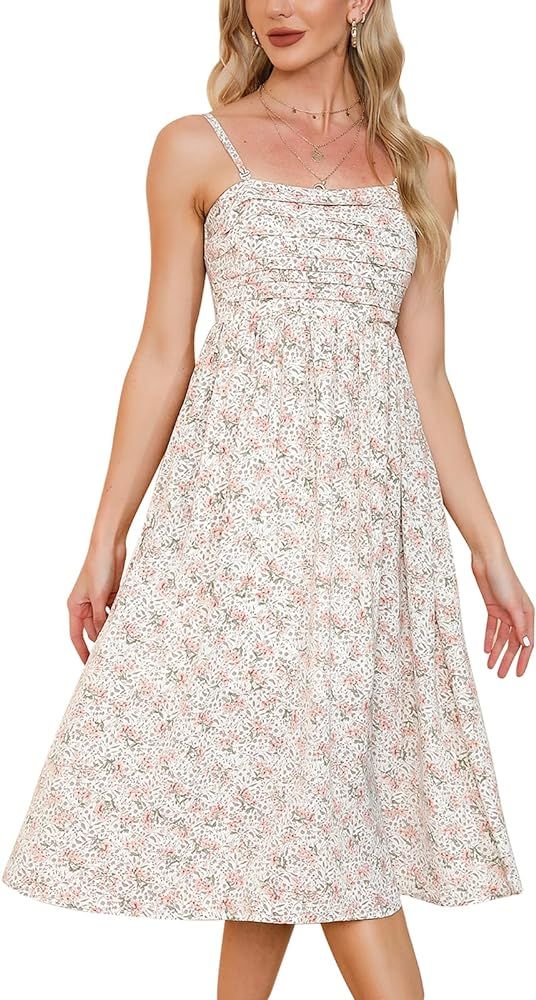 Byinns Womens Sleeveless Spaghetti Strap Dress Square Neck A-line Swing Smocked Pleated Floral Ca... | Amazon (US)