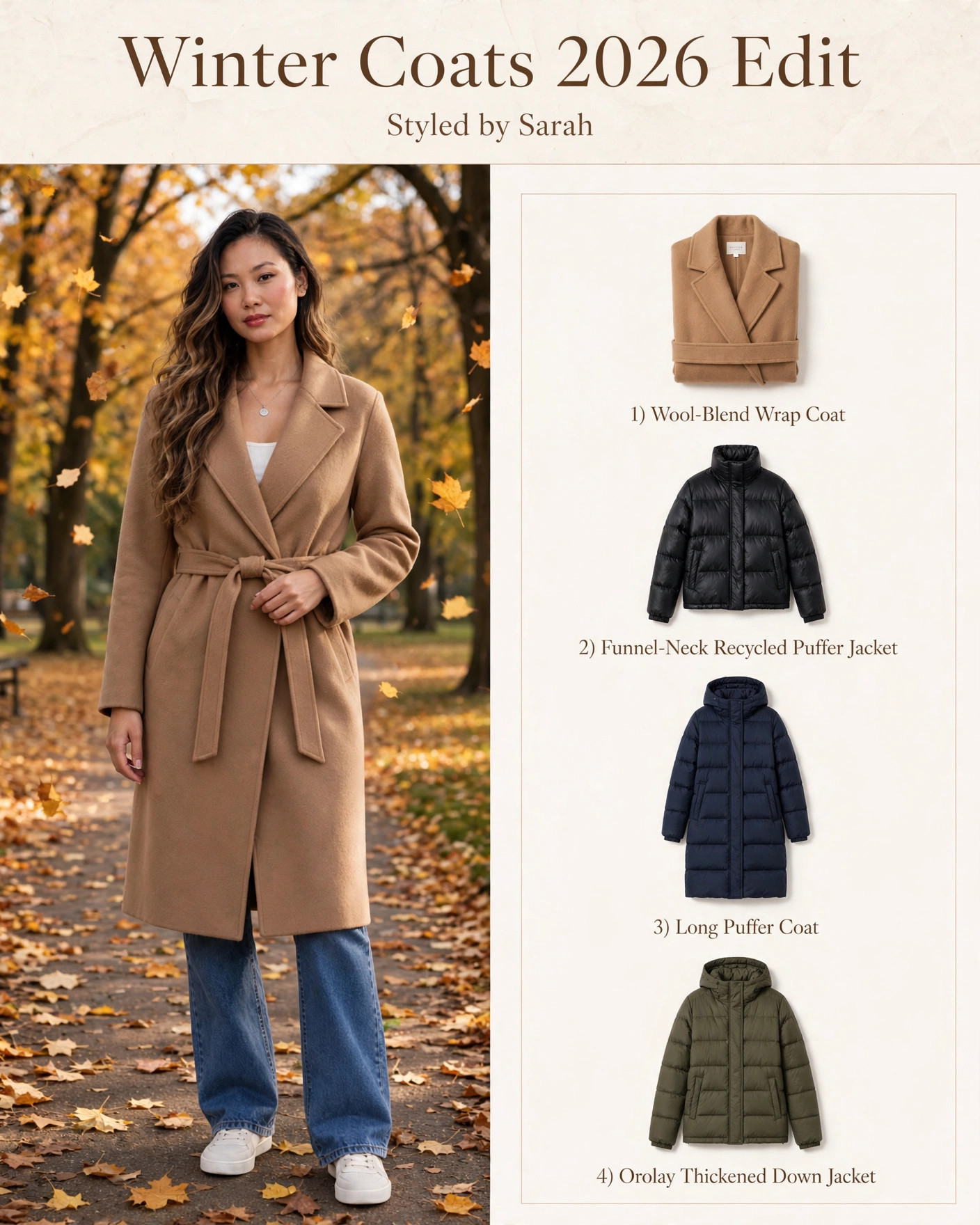 Winter Coats 🧥 Stay warm in style — wool wrap coat, funnel-neck puffer, long puffer, and Orolay down jacket. #LTKSeasonal #wintercoats #outerwear 

 