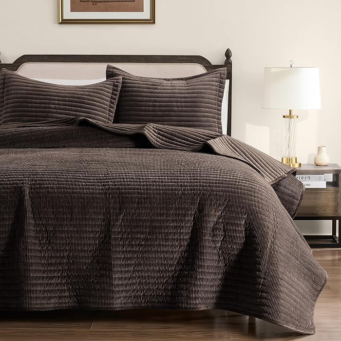 WDCOZY Velvet Queen Size Quilt Set - Chocolate Striped Soft Lightweight Bedspread, Dark Brown Neu... | Amazon (US)