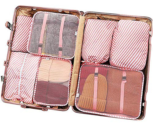 Packing Cubes for Travel, 7 Set Luggage Organizers With Shoe Bag, Compression Cells, Accessories Bags Made With Lightweight Waterproof Fabrics (Pink Striped - 7 PCS) | Amazon (US)